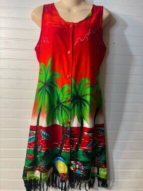 ALOHA BALILE Tropical Red and Green Sleeveless Dress